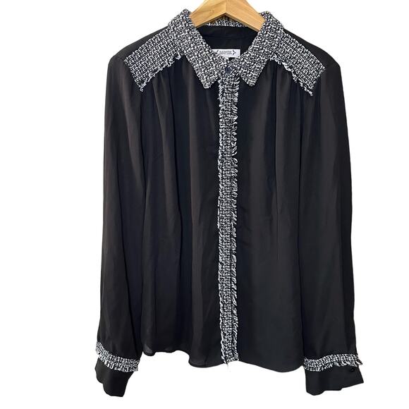 Nanette Lepore Tops - Nanette Lepore Black White Tweed Trim Corpcore Classic Long Sleeve Blouse XL